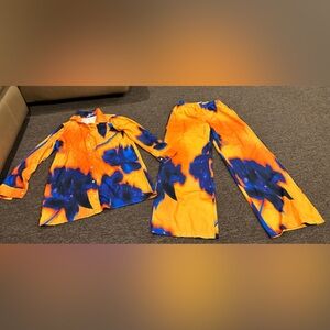 Women's Orange & Blue Printed Wide-Leg Pants